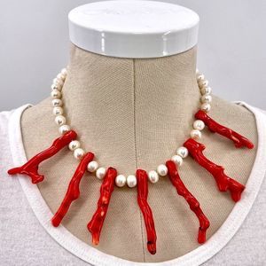 Estate Artisan Red Bamboo Branch Coral Pearl Statement Necklace